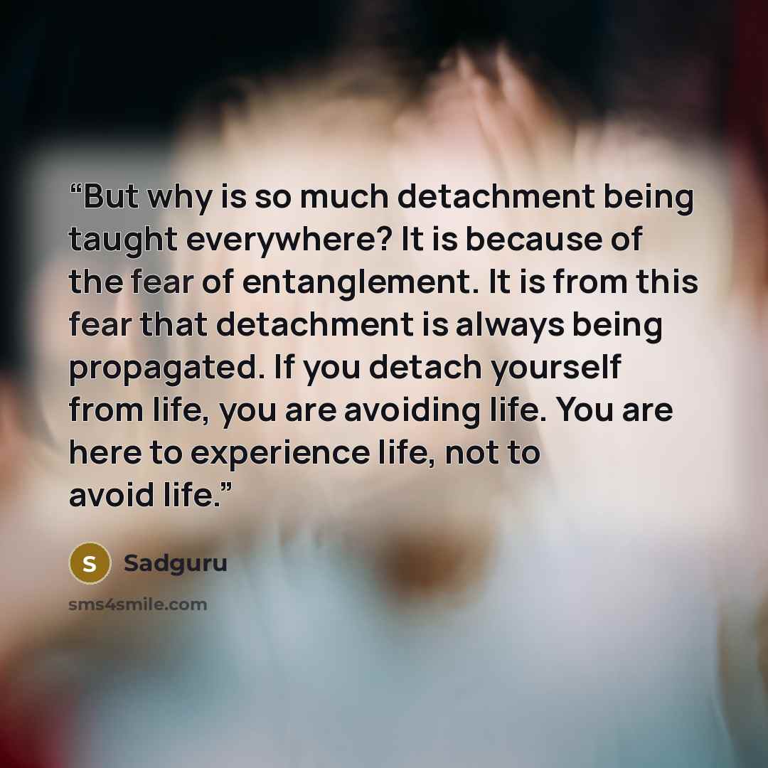 “But why is so much detachment being taught everywhere? It is because of the fear of entanglement. It is from this fear that detachment is always being propagated. If you detach yourself from life, you are avoiding life. You are here to experience life, not to avoid life.” quote by Sadguru