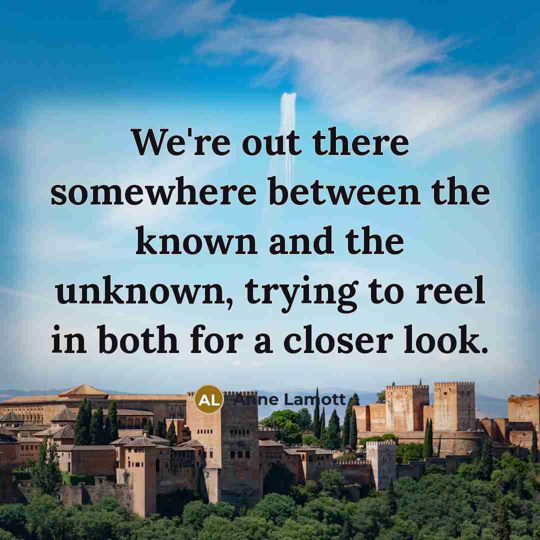 “We're out there somewhere between the known and the unknown, trying to reel in both for a closer look.” quote by Anne Lamott