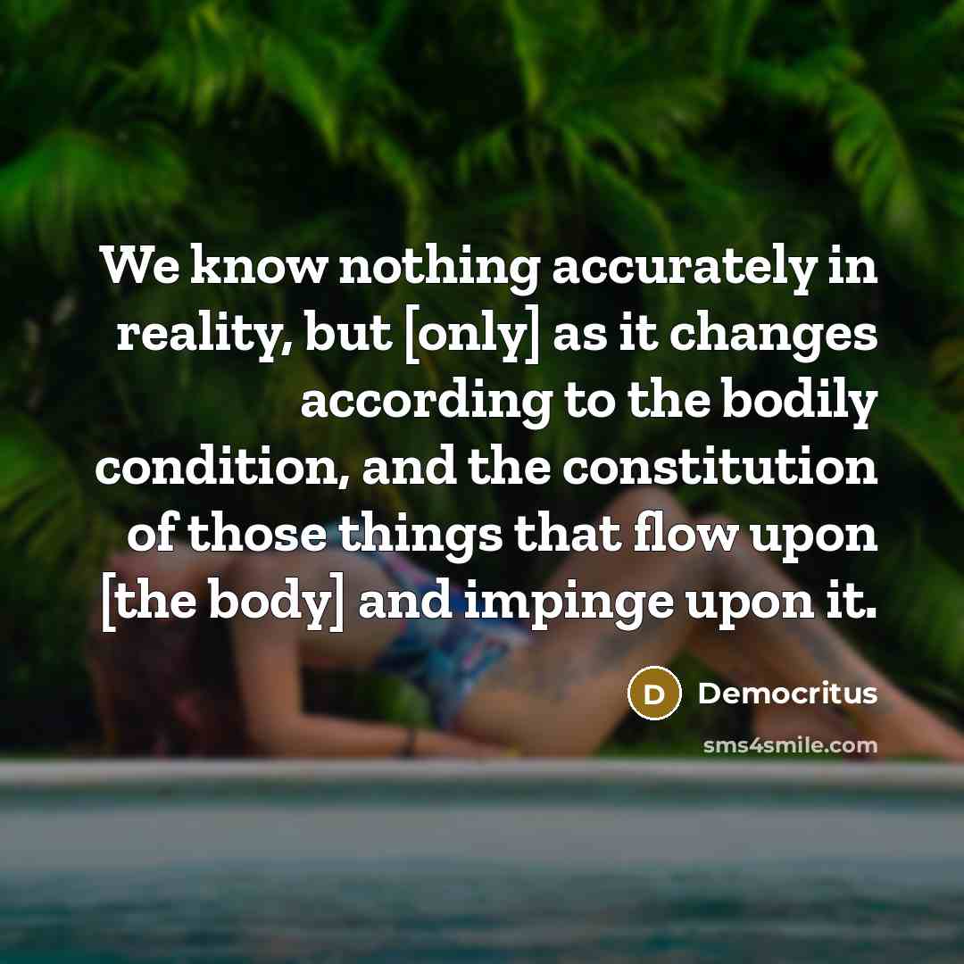 “We know nothing accurately in reality, but [only] as it…” quote by Democritus