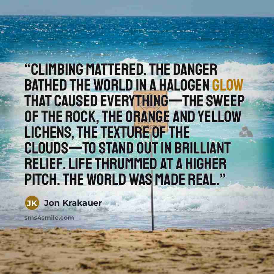 “Climbing mattered. The danger bathed the world in a halogen glow that caused everything—the sweep of the rock, the orange and yellow lichens, the texture of the clouds—to stand out in brilliant relief. Life thrummed at a higher pitch. The world was made real.” quote by Jon Krakauer
