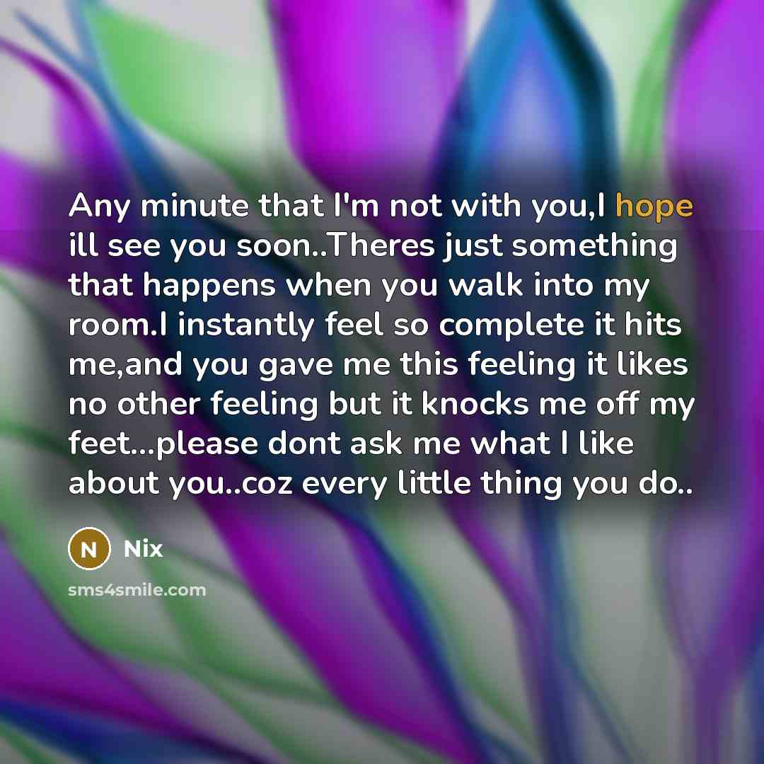 “Any minute that I'm not with you,I hope ill see you soon..Theres just something that happens when you walk into my room.I instantly feel so complete it hits me,and you gave me this feeling it likes no other feeling but it knocks me off my feet…please dont ask me what I like about you..coz every…” quote by Nix