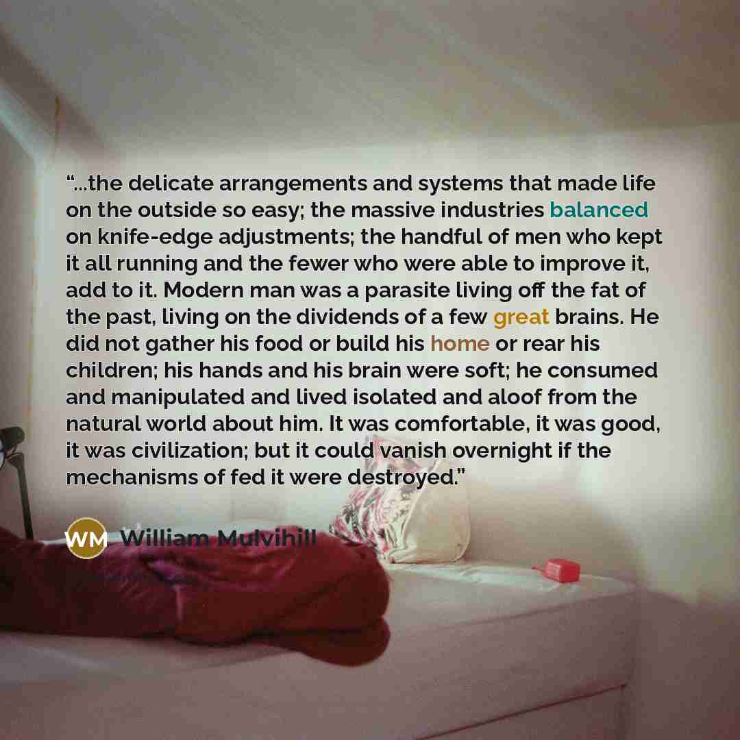 “...the delicate arrangements and systems that made life on the outside so easy; the massive industries balanced on knife-edge adjustments; the handful of men who kept it all running and the fewer who were able to improve it, add to it. Modern man was a parasite living off the fat of the past…” quote by William Mulvihill