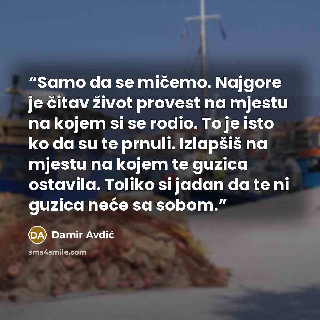 “Samo da se mičemo. Najgore je čitav život provest na mjestu na kojem si se rodio. To je isto ko da su te prnuli. Izlapšiš na mjestu na kojem te guzica ostavila. Toliko si jadan da te ni guzica neće sa sobom.” quote by Damir Avdić