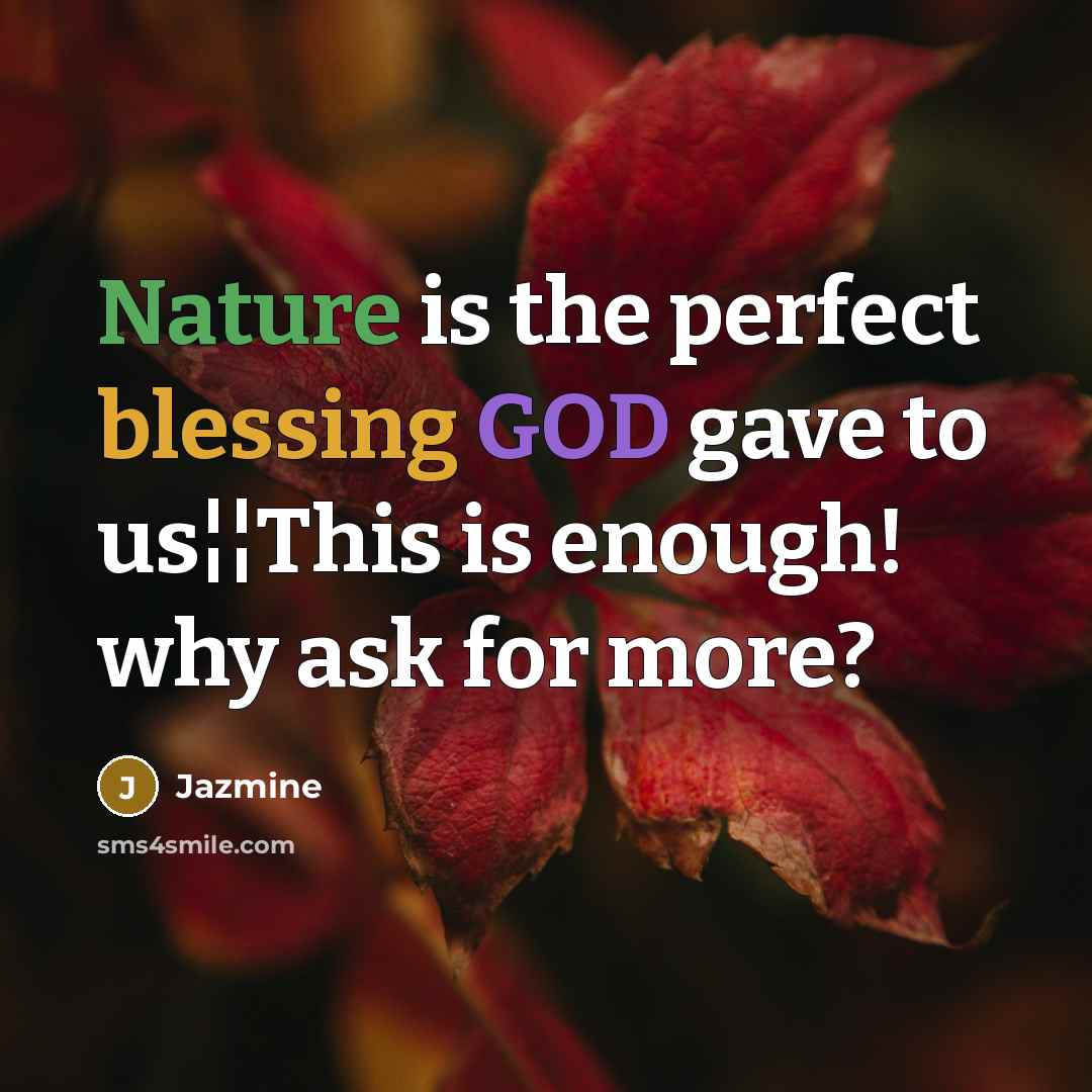 “Nature is the perfect blessing GOD gave to us¦¦This is enough! why ask for more?” quote by Jazmine