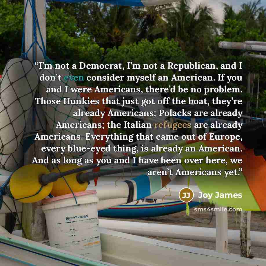 “I’m not a Democrat, I’m not a Republican, and I don’t even consider myself an American. If you and I were Americans, there’d be no problem. Those Hunkies that just got off the boat, they’re already Americans; Polacks are already Americans; the Italian refugees are already Americans. Everything…” quote by Joy James