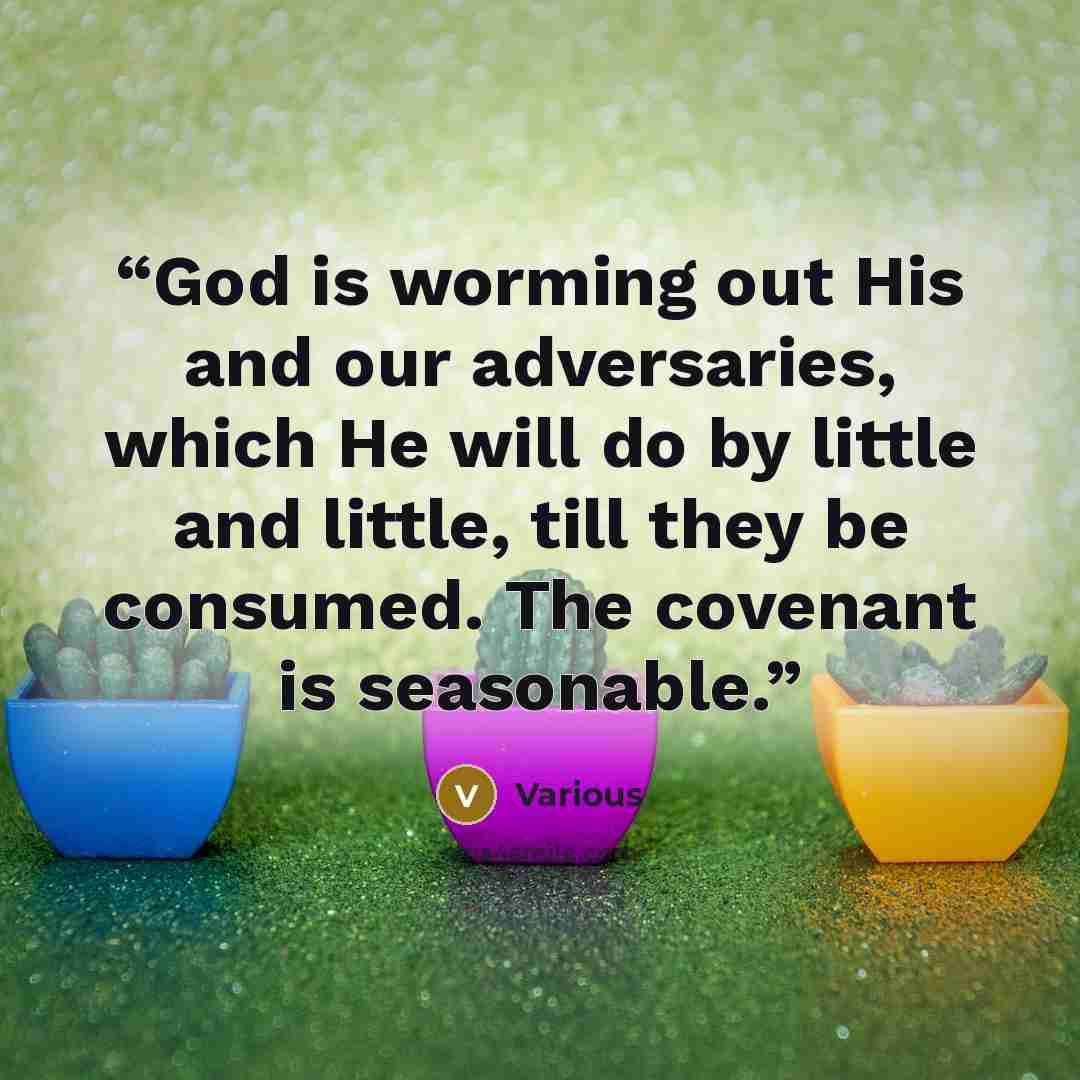 “God is worming out His and our adversaries, which He will do by little and little, till they be consumed. The covenant is seasonable.” quote by Various