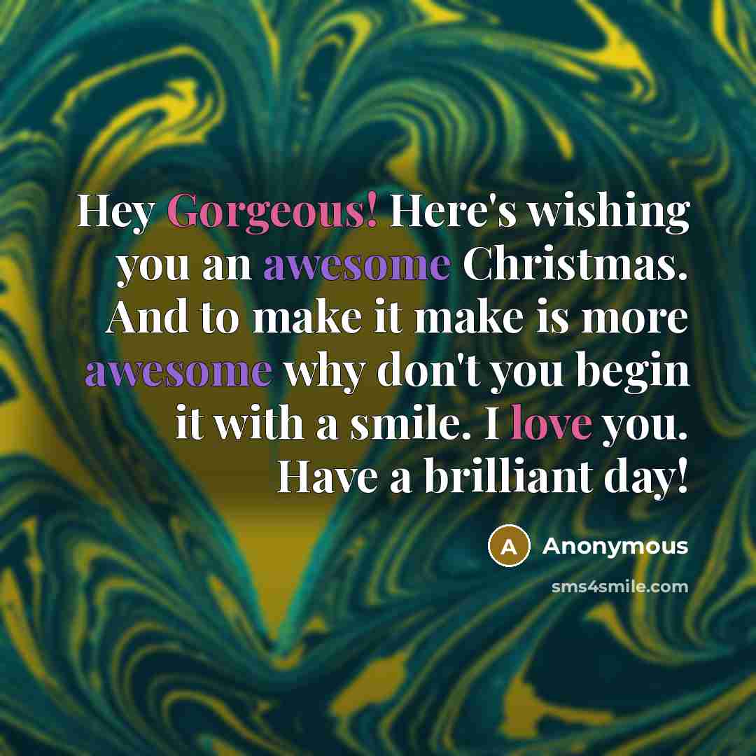 “Hey Gorgeous! Here's wishing you an awesome Christmas. And to make it make is more awesome why don't you begin it with a smile. I love you. Have a brilliant day!” quote by Anonymous