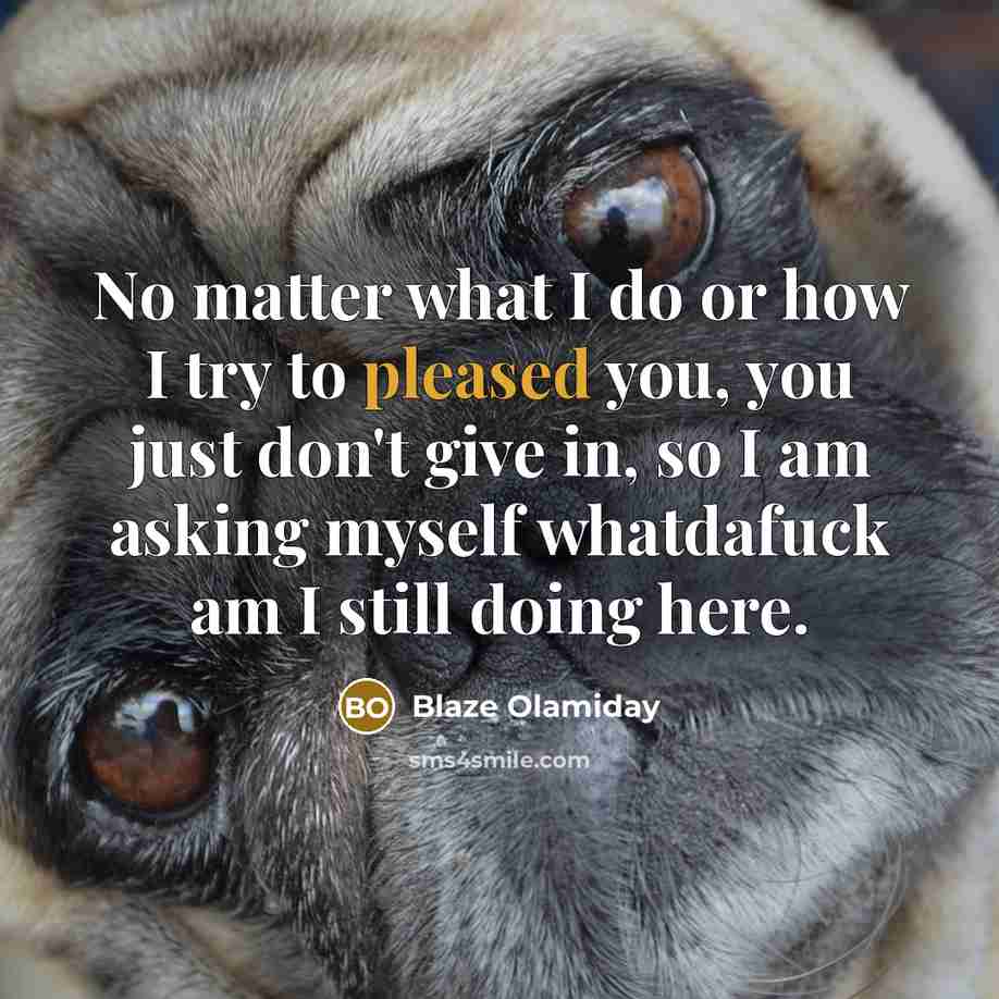 “No matter what I do or how I try to pleased you, you just don't give in, so I am asking myself whatdafuck am I still doing here.” quote by Blaze Olamiday