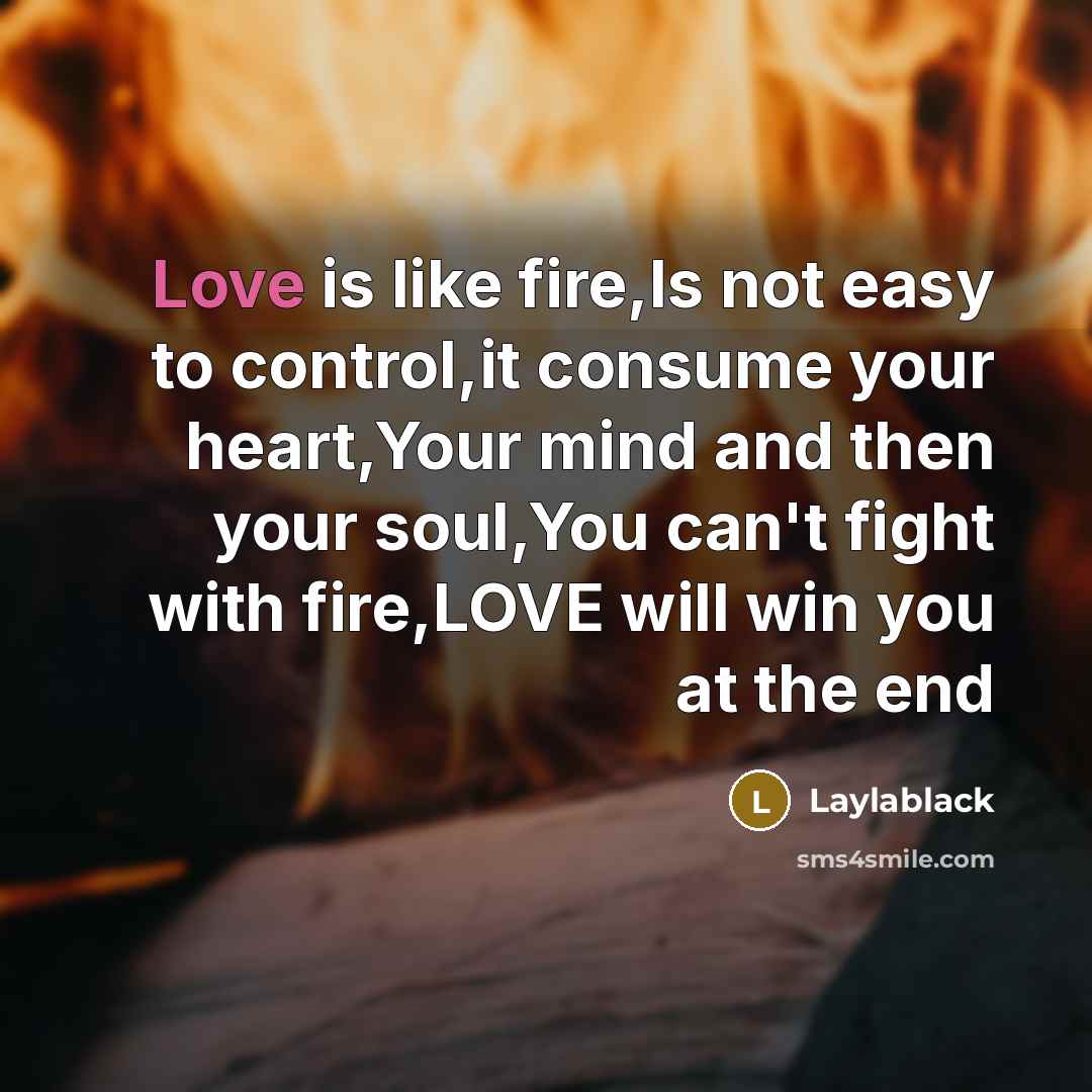 “Love is like fire,Is not easy to control,it consume your heart,Your mind and then your soul,You can't fight with fire,LOVE will win you at the end” quote by Laylablack