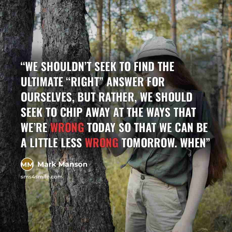 “We shouldn’t seek to find the ultimate “right” answer for ourselves, but rather, we should seek to chip away at the ways that we’re wrong today so that we can be a little less wrong tomorrow. When” quote by Mark Manson