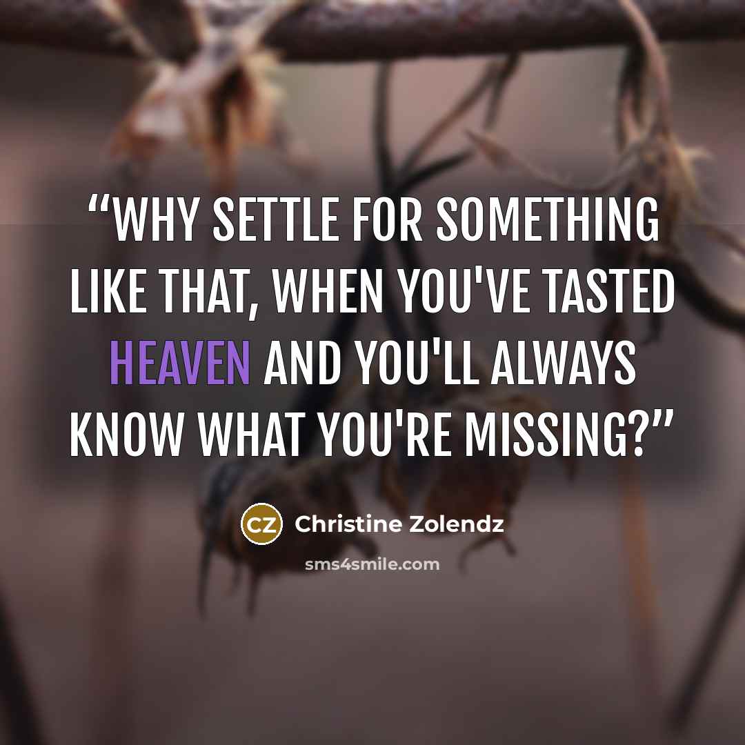 “Why settle for something like that, when you've tasted heaven and you'll always know what you're missing?” quote by Christine Zolendz