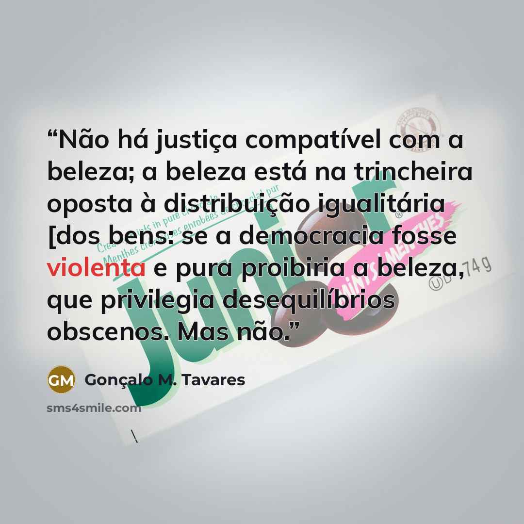 “Não há justiça compatível com a beleza; a beleza está na trincheira oposta à distribuição igualitária [dos bens: se a democracia fosse violenta e pura proibiria a beleza, que privilegia desequilíbrios obscenos. Mas não.” quote by Gonçalo M. Tavares