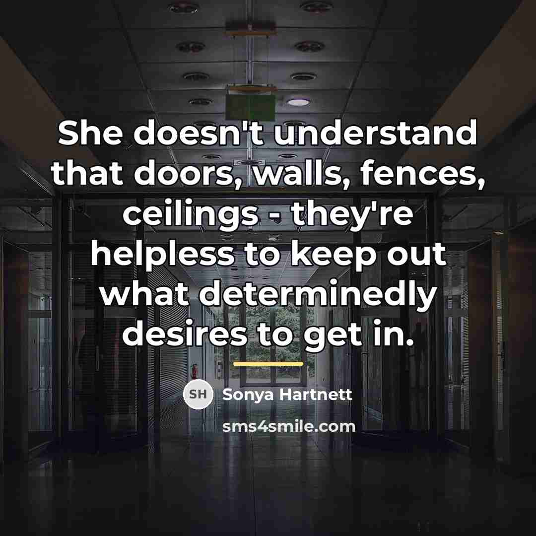 “She doesn't understand that doors, walls, fences, ceilings - they're…” quote by Sonya Hartnett
