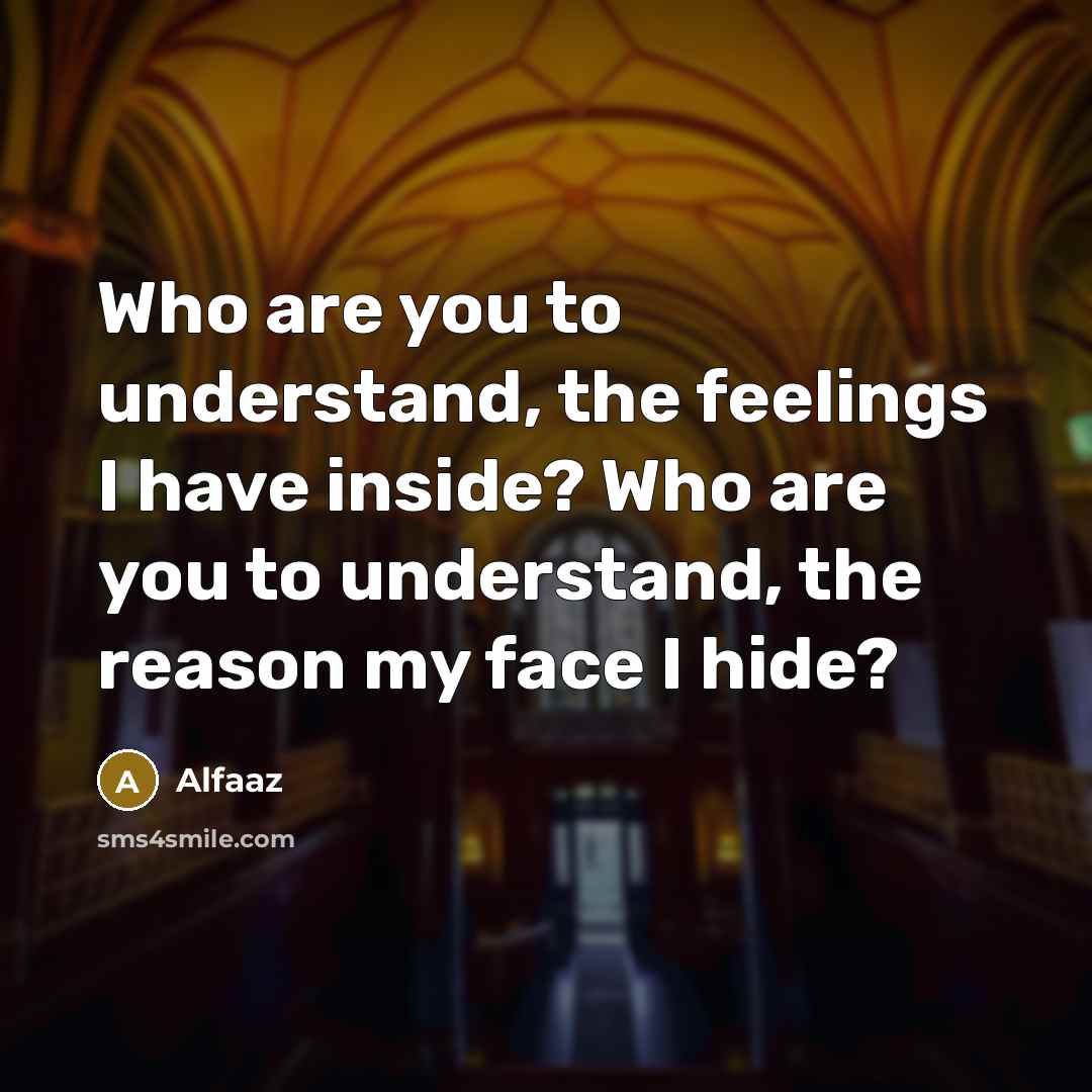 “Who are you to understand, the feelings I have inside? Who are you to understand, the reason my face I hide?” quote by Alfaaz