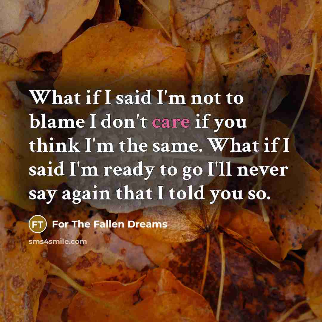 “What if I said I'm not to blame I don't care if you think I'm the same. What if I said I'm ready to go I'll never say again that I told you so.” quote by For The Fallen Dreams