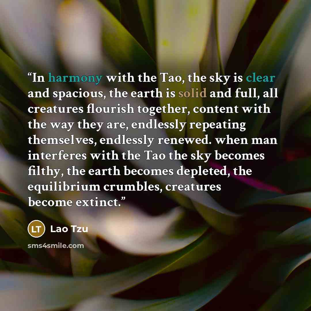 “In harmony with the Tao, the sky is clear and spacious, the earth is solid and full, all creatures flourish together, content with the way they are, endlessly repeating themselves, endlessly renewed. when man interferes with the Tao the sky becomes filthy, the earth becomes depleted, the…” quote by Lao Tzu