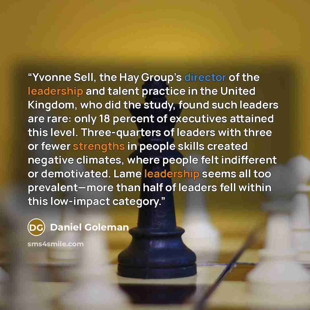 “Yvonne Sell, the Hay Group’s director of the leadership and talent practice in the United Kingdom, who did the study, found such leaders are rare: only 18 percent of executives attained this level. Three-quarters of leaders with three or fewer strengths in people skills created negative climates…” quote by Daniel Goleman