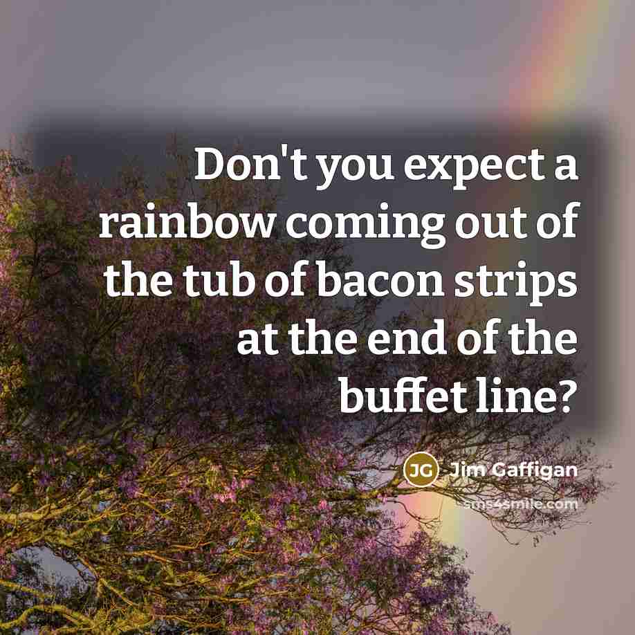 “Don't you expect a rainbow coming out of the tub of bacon strips at the end of the buffet line?” quote by Jim Gaffigan