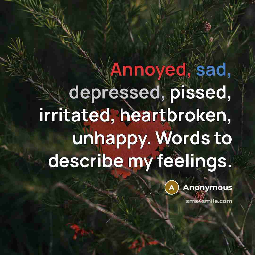 “Annoyed, sad, depressed, pissed, irritated, heartbroken, unhappy. Words to describe my feelings.” quote by Anonymous