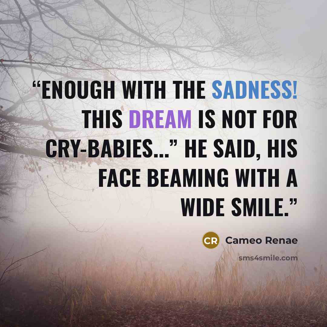 “Enough with the sadness! This dream is not for cry-babies...” he said, his face beaming with a wide smile.” quote by Cameo Renae