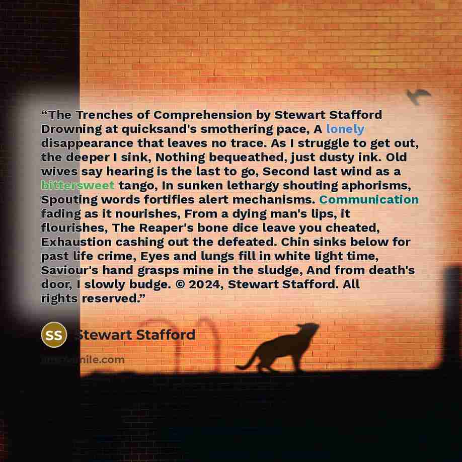“The Trenches of Comprehension by Stewart Stafford Drowning at quicksand's smothering pace, A lonely disappearance that leaves no trace. As I struggle to get out, the deeper I sink, Nothing bequeathed, just dusty ink. Old wives say hearing is the last to go, Second last wind as a bittersweet tango…” quote by Stewart Stafford