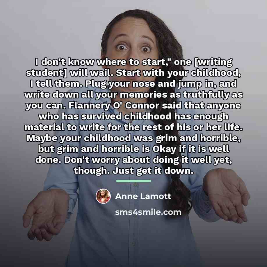 “I don't know where to start," one [writing student] will…” quote by Anne Lamott