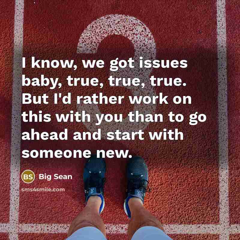 “I know, we got issues baby, true, true, true. But I'd rather work on this with you than to go ahead and start with someone new.” quote by Big Sean