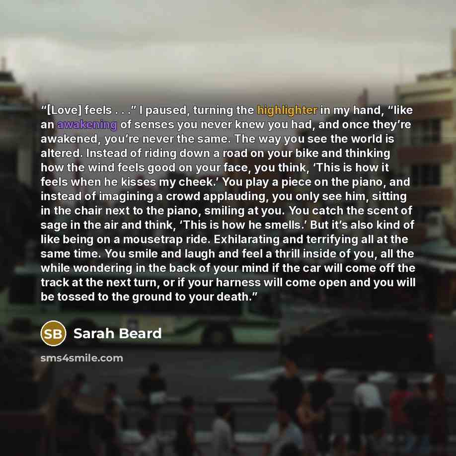 “[Love] feels . . .” I paused, turning the highlighter in my hand, “like an awakening of senses you never knew you had, and once they’re awakened, you’re never the same. The way you see the world is altered. Instead of riding down a road on your bike and thinking how the wind feels good on your…” quote by Sarah Beard