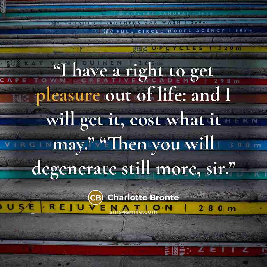 “I have a right to get pleasure out of life: and I will get it, cost what it may.” “Then you will degenerate still more, sir.” quote by Charlotte Brontë