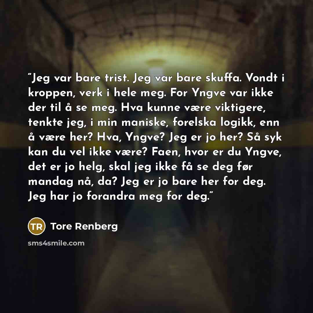 “Jeg var bare trist. Jeg var bare skuffa. Vondt i kroppen, verk i hele meg. For Yngve var ikke der til å se meg. Hva kunne være viktigere, tenkte jeg, i min maniske, forelska logikk, enn å være her? Hva, Yngve? Jeg er jo her? Så syk kan du vel ikke være? Faen, hvor er du Yngve, det er jo helg, skal…” quote by Tore Renberg