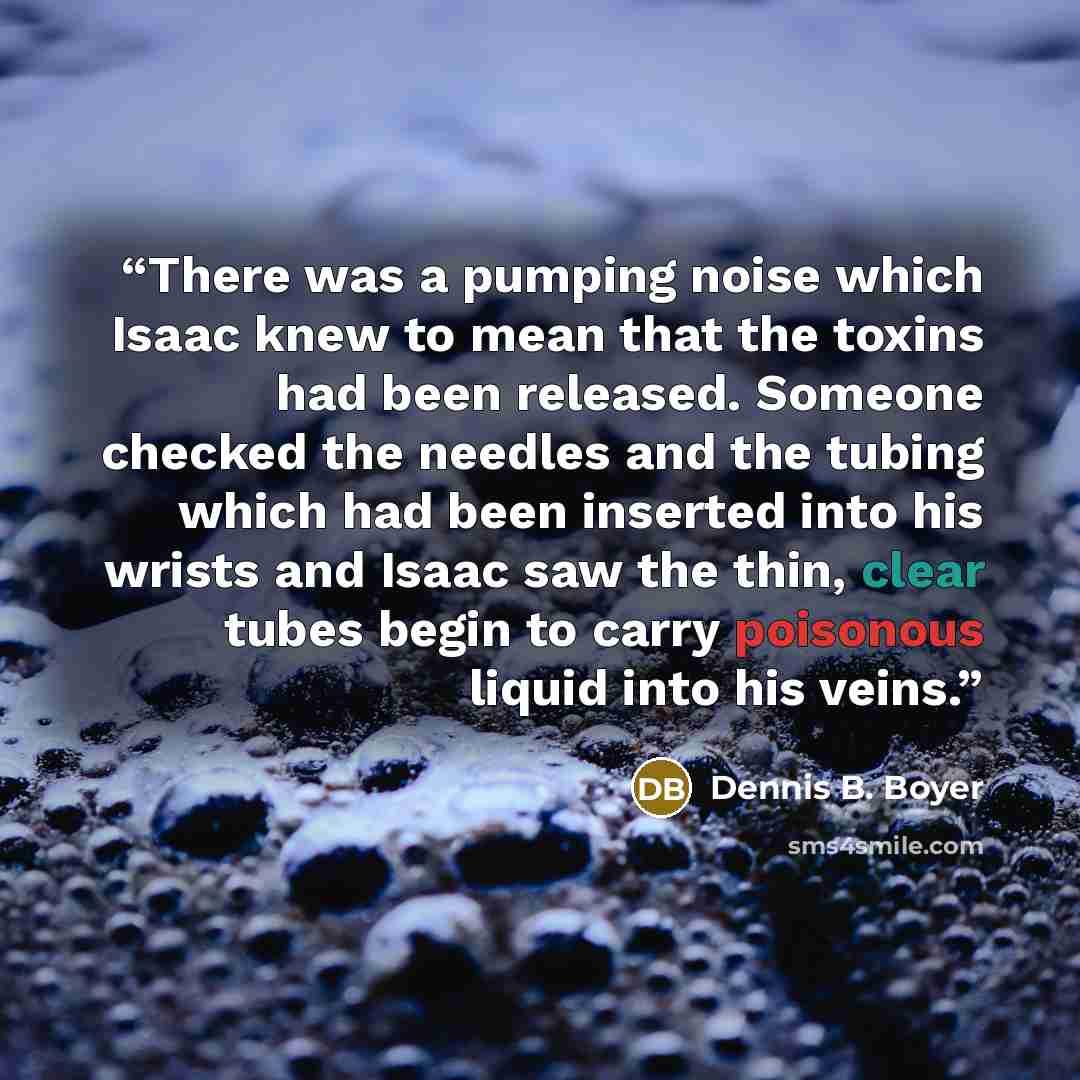 “There was a pumping noise which Isaac knew to mean that the toxins had been released. Someone checked the needles and the tubing which had been inserted into his wrists and Isaac saw the thin, clear tubes begin to carry poisonous liquid into his veins.” quote by Dennis B. Boyer