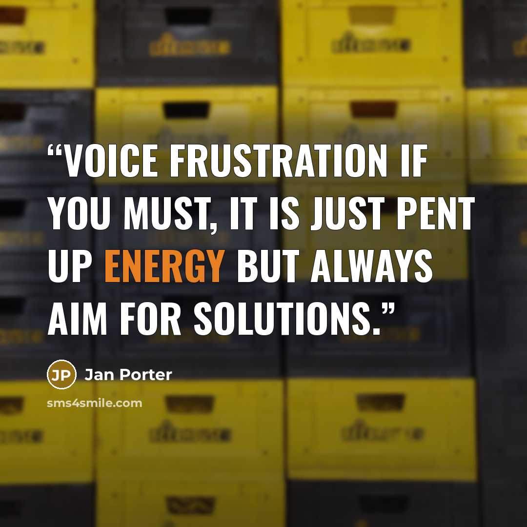 “Voice frustration if you must, it is just pent up energy but always aim for solutions.” quote by Jan Porter