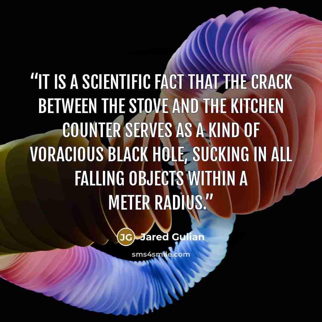 “It is a scientific fact that the crack between the stove and the kitchen counter serves as a kind of voracious black hole, sucking in all falling objects within a meter radius.” quote by Jared Gulian