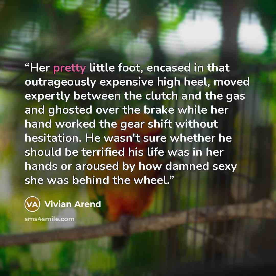 “Her pretty little foot, encased in that outrageously expensive high heel, moved expertly between the clutch and the gas and ghosted over the brake while her hand worked the gear shift without hesitation. He wasn't sure whether he should be terrified his life was in her hands or aroused by how…” quote by Vivian Arend