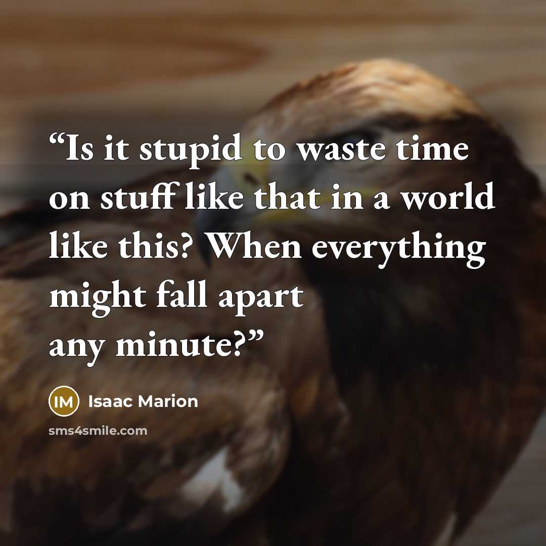 “Is it stupid to waste time on stuff like that in a world like this? When everything might fall apart any minute?” quote by Isaac Marion