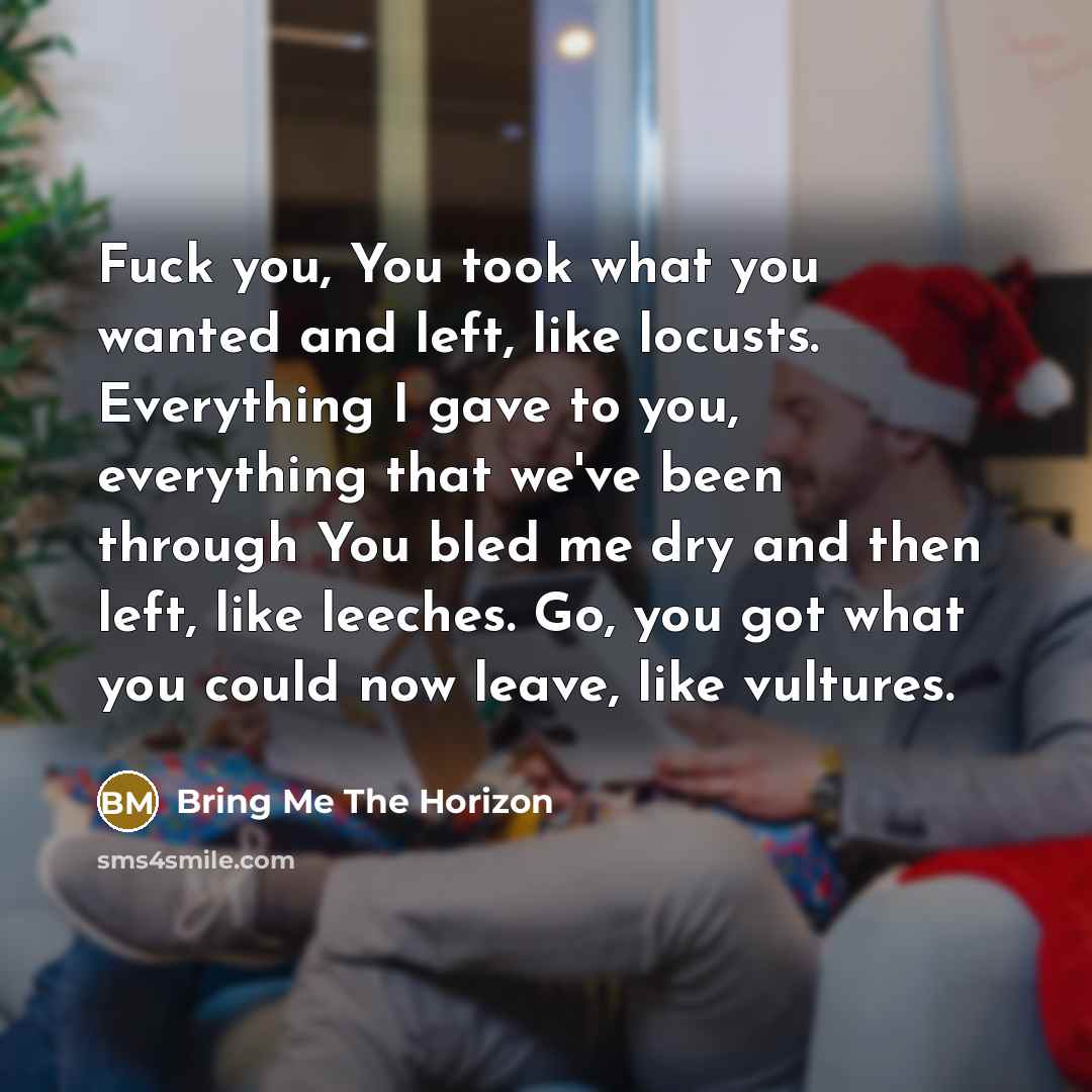 “Fuck you, You took what you wanted and left, like locusts. Everything I gave to you, everything that we've been through You bled me dry and then left, like leeches. Go, you got what you could now leave, like vultures.” quote by Bring Me The Horizon