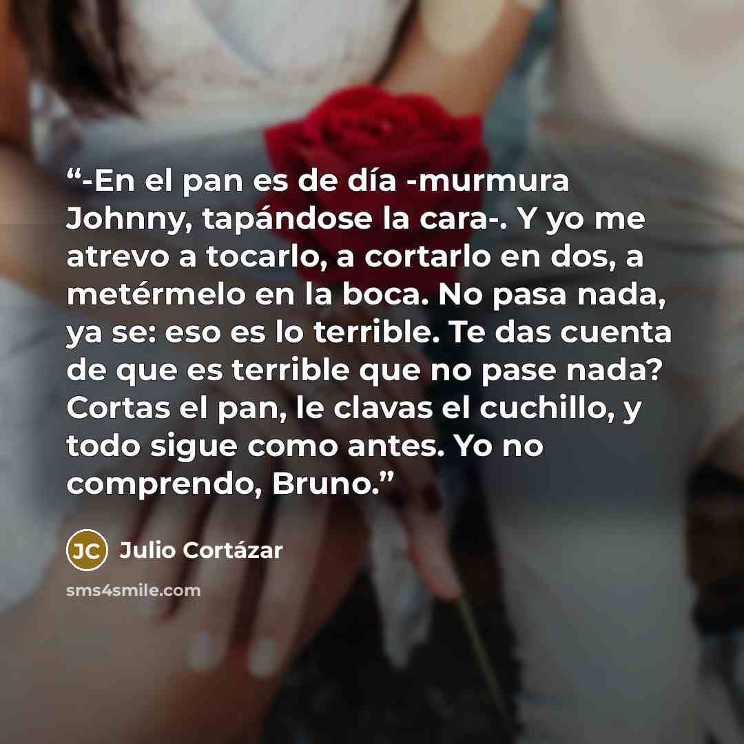 “-En el pan es de día -murmura Johnny, tapándose la cara-. Y yo me atrevo a tocarlo, a cortarlo en dos, a metérmelo en la boca. No pasa nada, ya se: eso es lo terrible. Te das cuenta de que es terrible que no pase nada? Cortas el pan, le clavas el cuchillo, y todo sigue como antes. Yo no comprendo…” quote by Julio Cortázar
