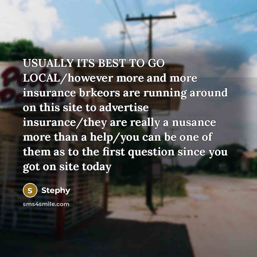 “USUALLY ITS BEST TO GO LOCAL/however more and more insurance brkeors are running around on this site to advertise insurance/they are really a nusance more than a help/you can be one of them as to the first question since you got on site today” quote by Stephy