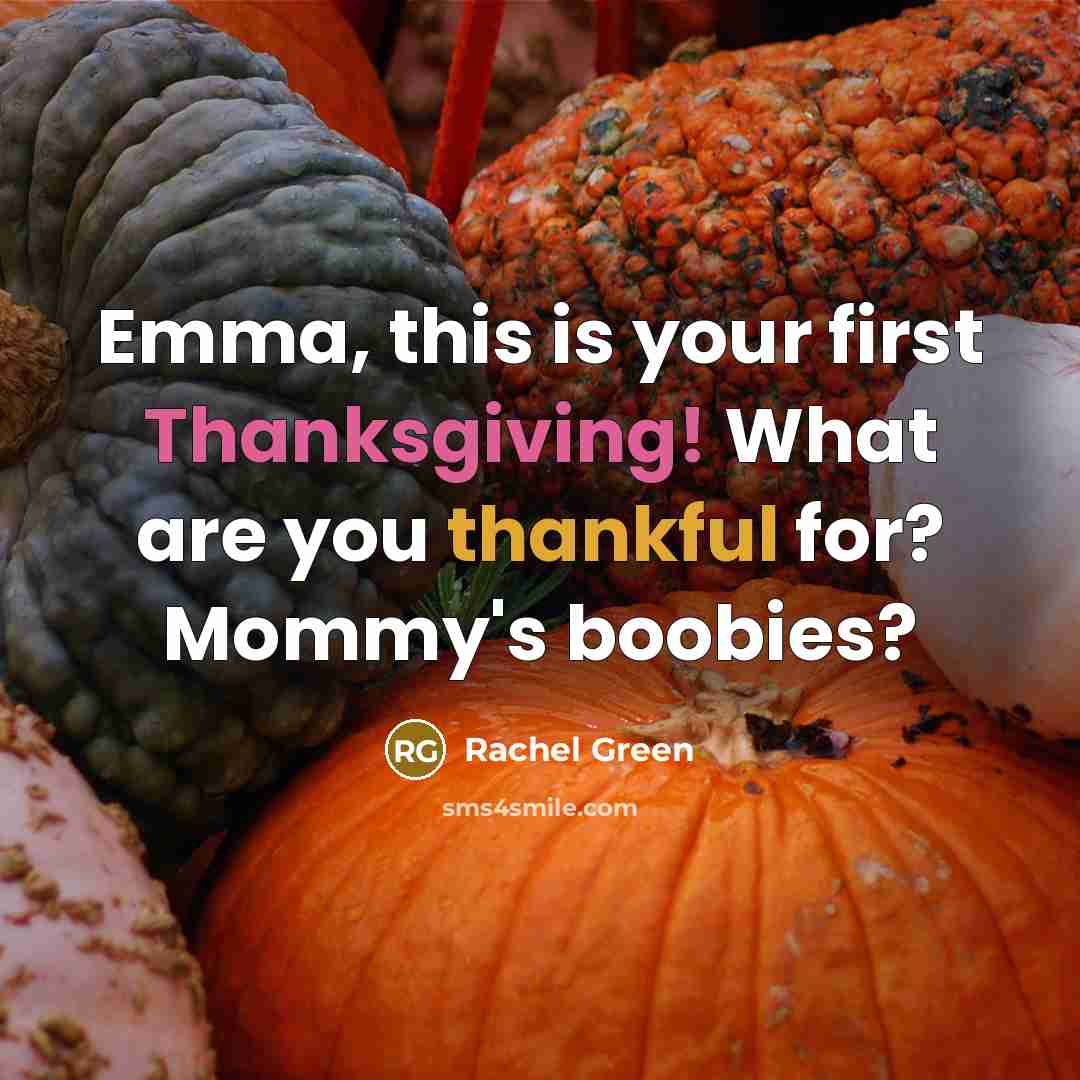 “Emma, this is your first Thanksgiving! What are you thankful for? Mommy's boobies?” quote by Rachel Green