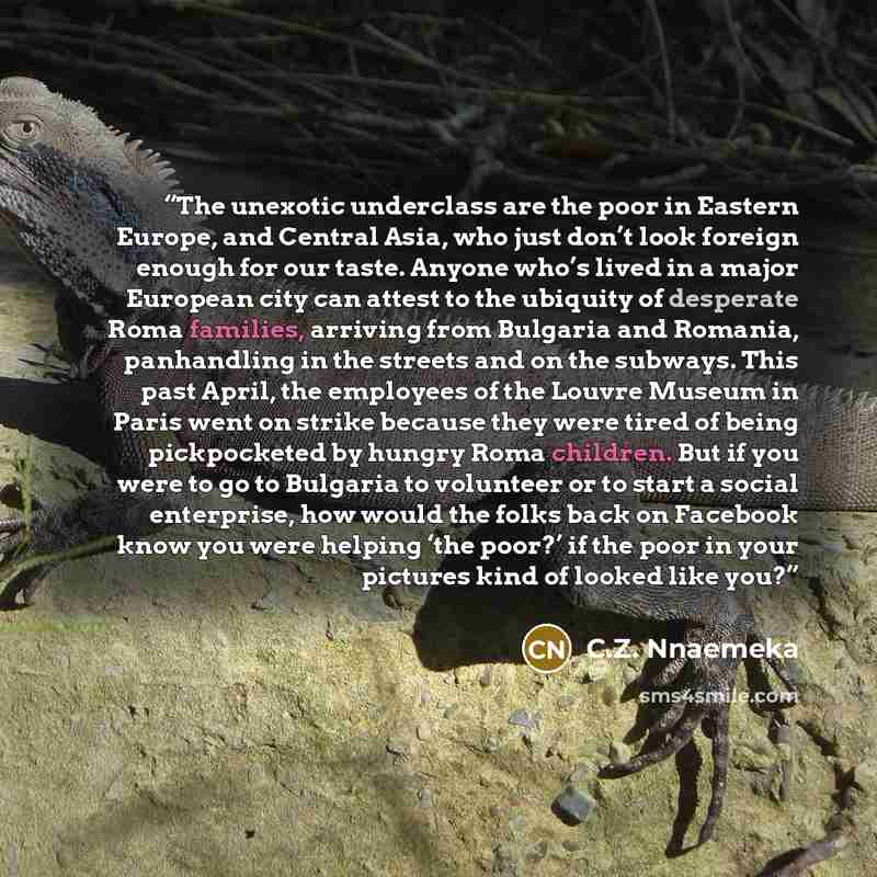 “The unexotic underclass are the poor in Eastern Europe, and Central Asia, who just don’t look foreign enough for our taste. Anyone who’s lived in a major European city can attest to the ubiquity of desperate Roma families, arriving from Bulgaria and Romania, panhandling in the streets and on the…” quote by C.Z. Nnaemeka