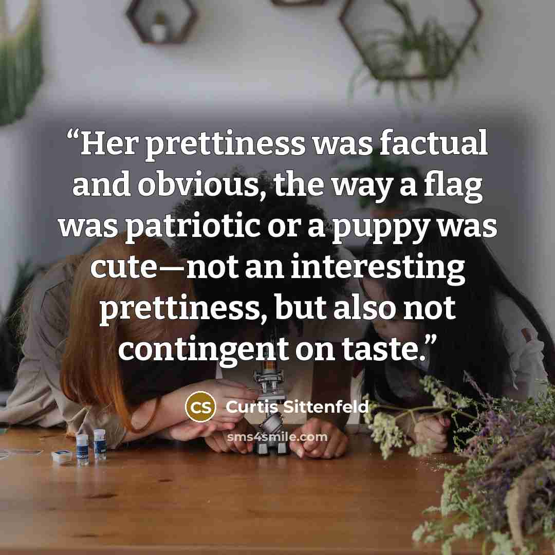 “Her prettiness was factual and obvious, the way a flag was patriotic or a puppy was cute—not an interesting prettiness, but also not contingent on taste.” quote by Curtis Sittenfeld
