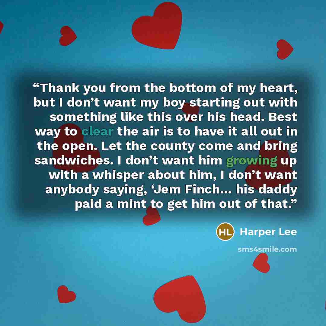 “Thank you from the bottom of my heart, but I don’t want my boy starting out with something like this over his head. Best way to clear the air is to have it all out in the open. Let the county come and bring sandwiches. I don’t want him growing up with a whisper about him, I don’t want anybody…” quote by Harper Lee