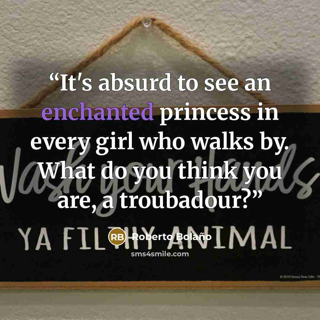 “It's absurd to see an enchanted princess in every girl who walks by. What do you think you are, a troubadour?” quote by Roberto Bolaño