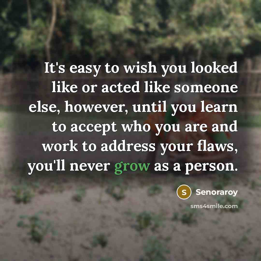 “It's easy to wish you looked like or acted like someone else, however, until you learn to accept who you are and work to address your flaws, you'll never grow as a person.” quote by Senoraroy
