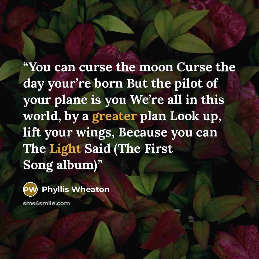 “You can curse the moon Curse the day your’re born But the pilot of your plane is you We’re all in this world, by a greater plan Look up, lift your wings, Because you can The Light Said (The First Song album)” quote by Phyllis Wheaton