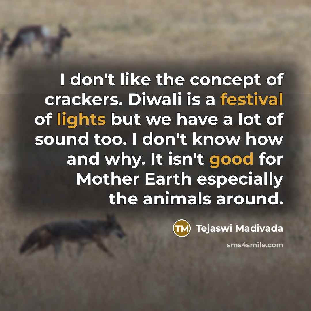 “I don't like the concept of crackers. Diwali is a…” quote by Tejaswi Madivada