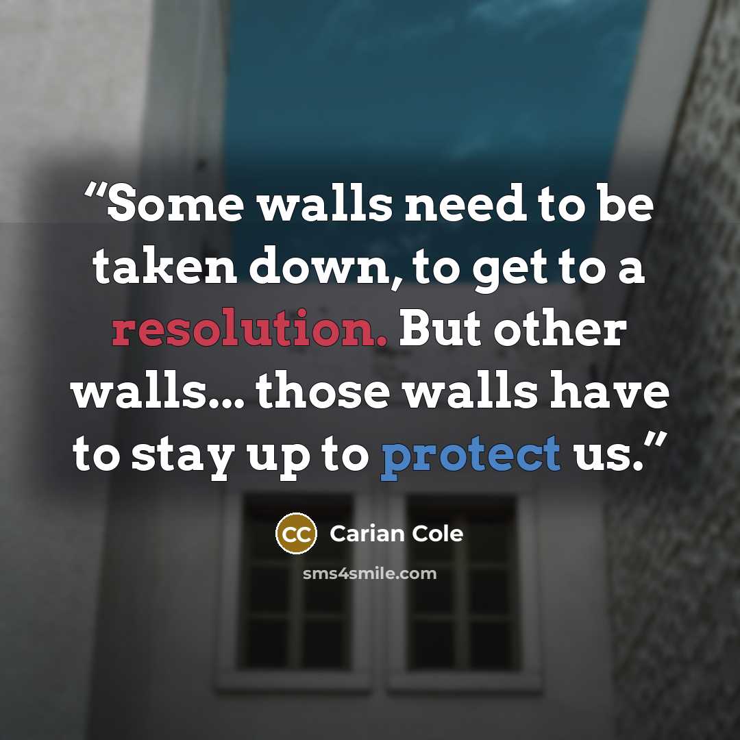 “Some walls need to be taken down, to get to a resolution. But other walls... those walls have to stay up to protect us.” quote by Carian Cole