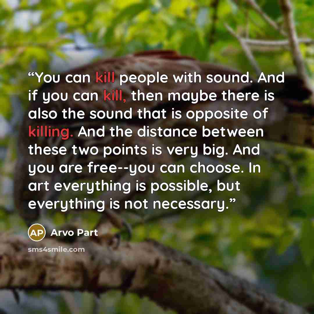 “You can kill people with sound. And if you can kill, then maybe there is also the sound that is opposite of killing. And the distance between these two points is very big. And you are free--you can choose. In art everything is possible, but everything is not necessary.” quote by Arvo Pärt