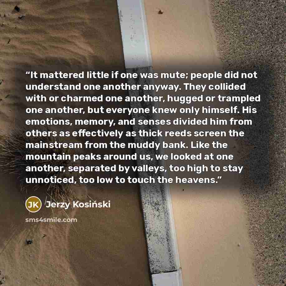 “It mattered little if one was mute; people did not understand one another anyway. They collided with or charmed one another, hugged or trampled one another, but everyone knew only himself. His emotions, memory, and senses divided him from others as effectively as thick reeds screen the mainstream…” quote by Jerzy Kosiński