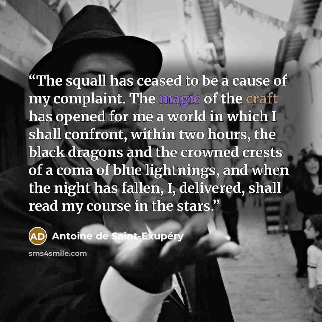 “The squall has ceased to be a cause of my complaint. The magic of the craft has opened for me a world in which I shall confront, within two hours, the black dragons and the crowned crests of a coma of blue lightnings, and when the night has fallen, I, delivered, shall read my course in the stars.” quote by Antoine de Saint-Exupéry